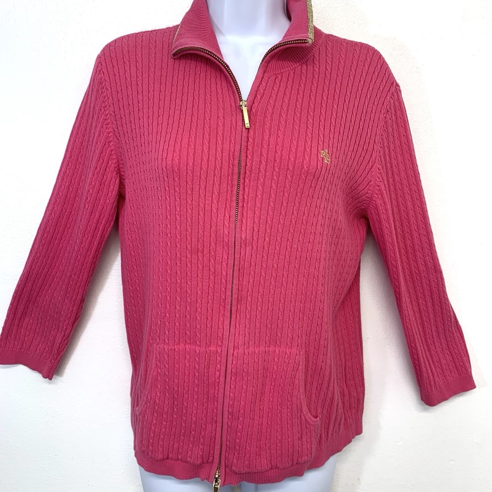 Vtg  Lauren Ralph Lauren Pink Full Zip Sweater  Woman  Medium  3/4 Sleeve Casual